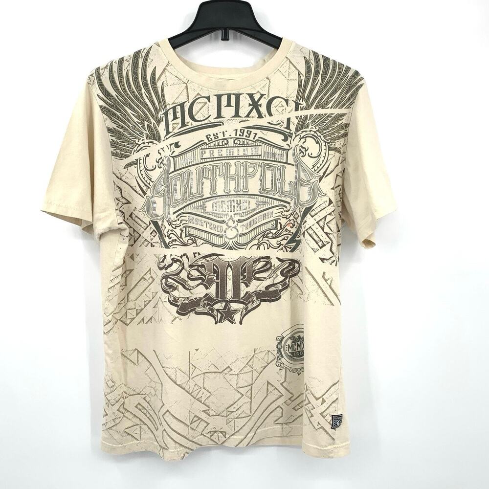 Vintage 2000s Y2K Southpole T-Shirt Cream Metallic Skate Goth Punk Men’s Size XL